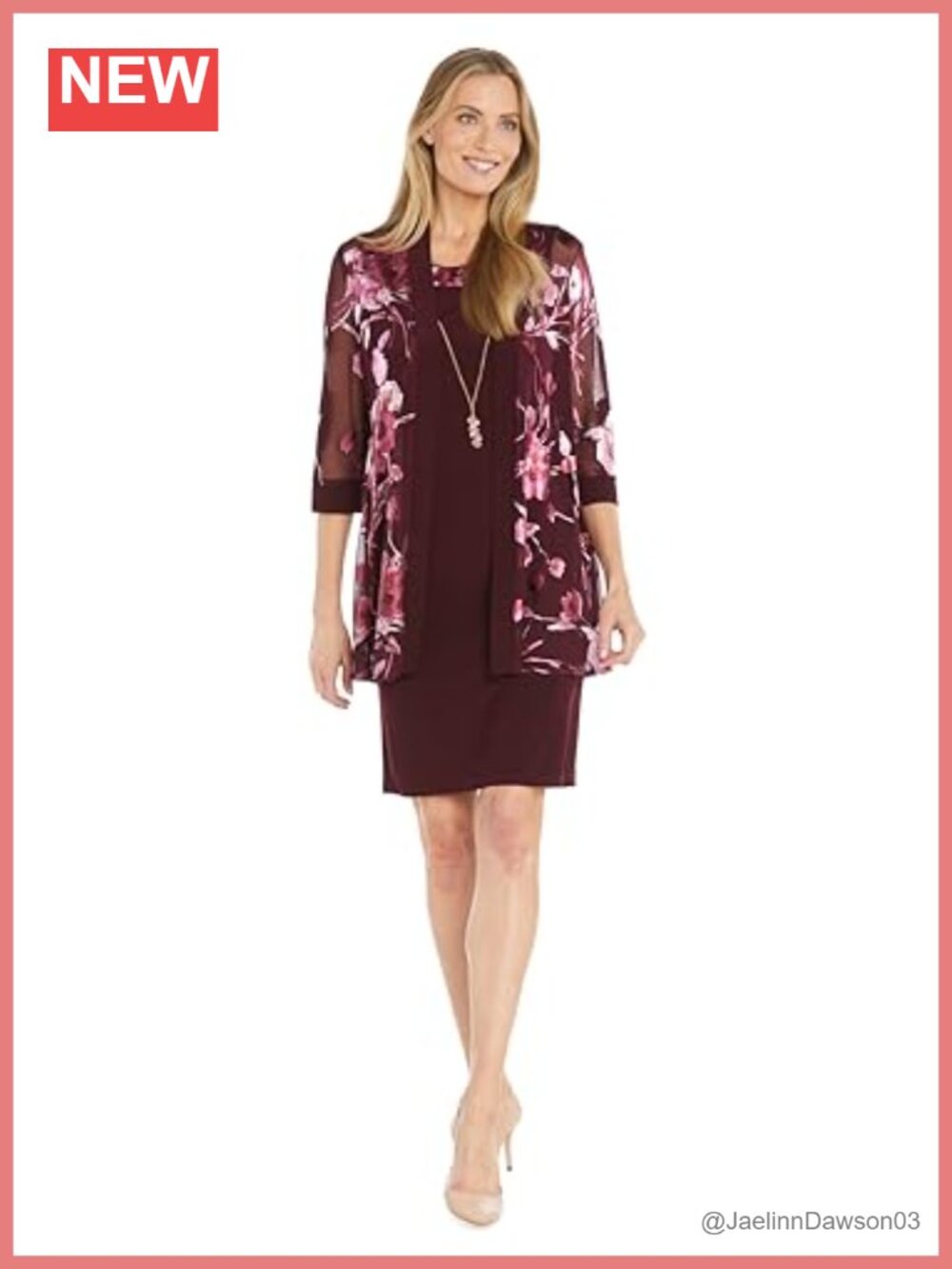 R&M Richards Sheer Floral Jacket Dress with Attached Necklace